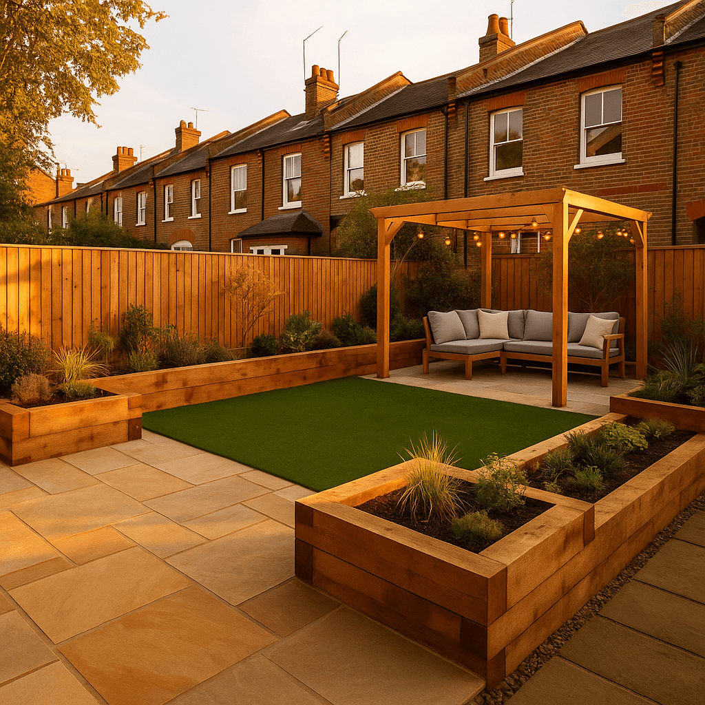 Garden patio with modern porcelain paving