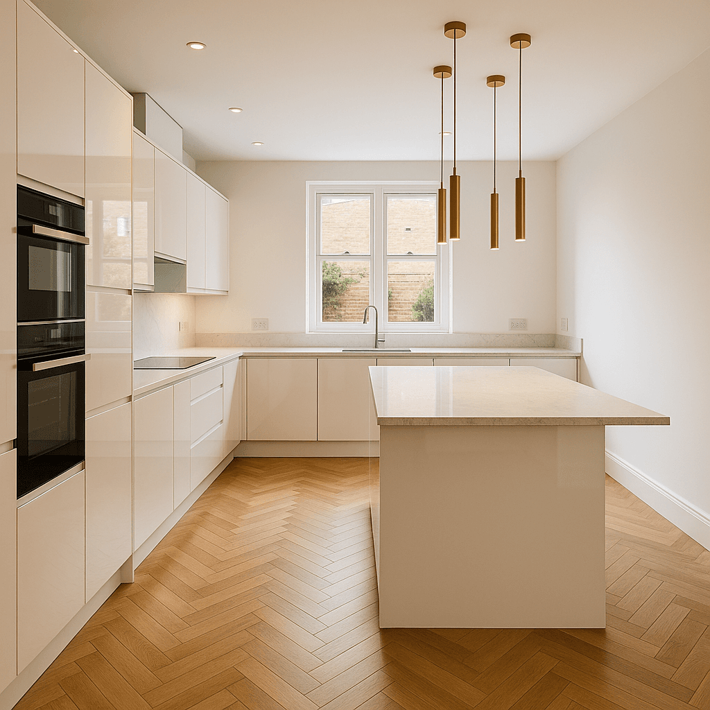 Modern open-plan kitchen with quartz worktops